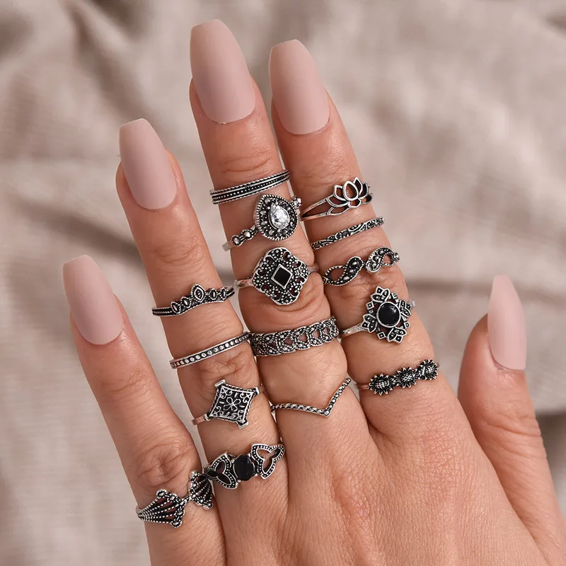 Silver Ring 15 Piece Set with Black Rhinestones