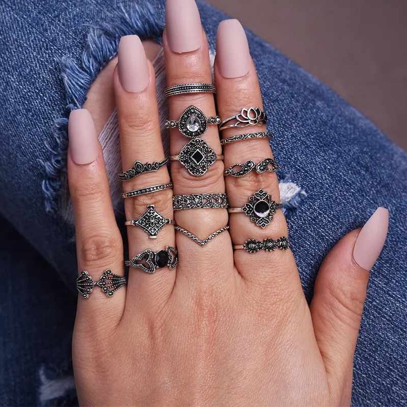 Silver Ring 15 Piece Set with Black Rhinestones