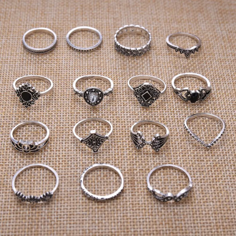 Silver Ring 15 Piece Set with Black Rhinestones