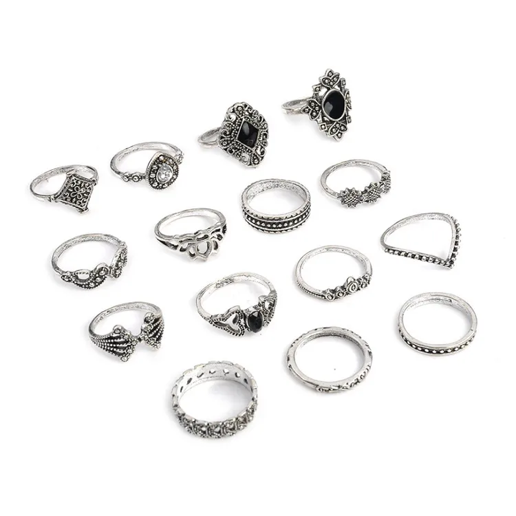 Silver Ring 15 Piece Set with Black Rhinestones