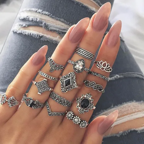 Silver Ring 15 Piece Set with Black Rhinestones