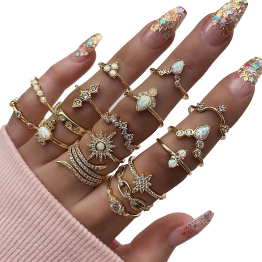 Gold Ring 17 Piece Set with Opal & Clear Rhinestones