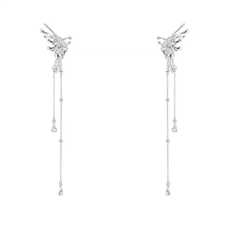 Silver Butterfly Tassel Earrings